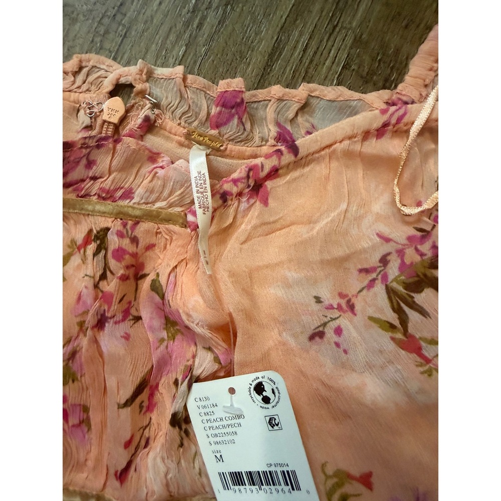 Free People Floral Peasant Puff Sleeve Mini Dress Peach Combo NWT Size M - Picture 3 of 10